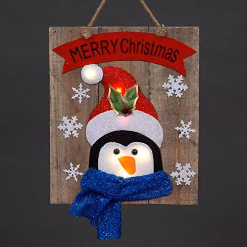 Shatchi Blue Wooden Penguin and Snowflake Christmas Wall Hanging with LED Lights, W/H: 30 x 36 cm