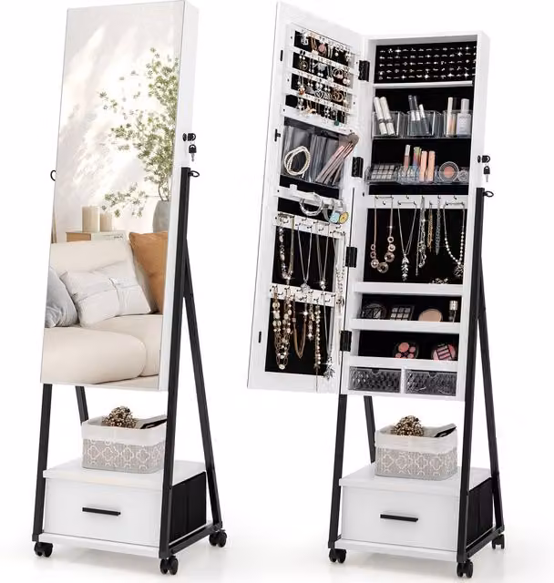 COSTWAY Modern White Freestanding Jewellery Armoire with Lock and Mirror