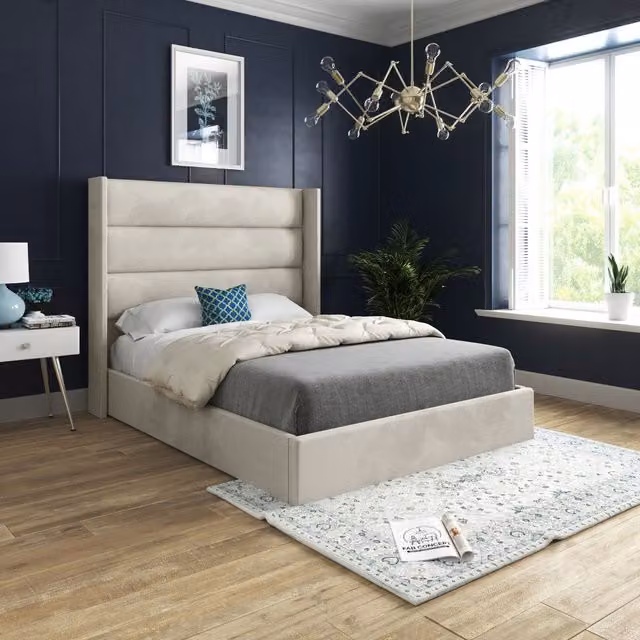 KDMD Nuno Straight Winged Upholstered Velvet Bed Frame in Cream, W/D/H: 90 x 200 cm – 1