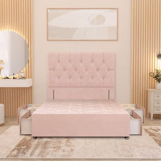Somnior Beds Ltd Chesterfield Velvet Divan Bed Base with Drawers in Pink, W/D: 200 x 200 cm