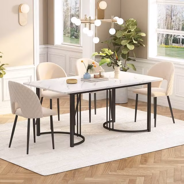 ModernLuxe White Marble Look Rectangular Dining Table with Metal Frame – 1