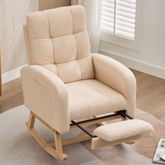 Rolipo Beige Teddy Bouclé Fabric Rocking Chair with Adjustable Footrest and Ottoman