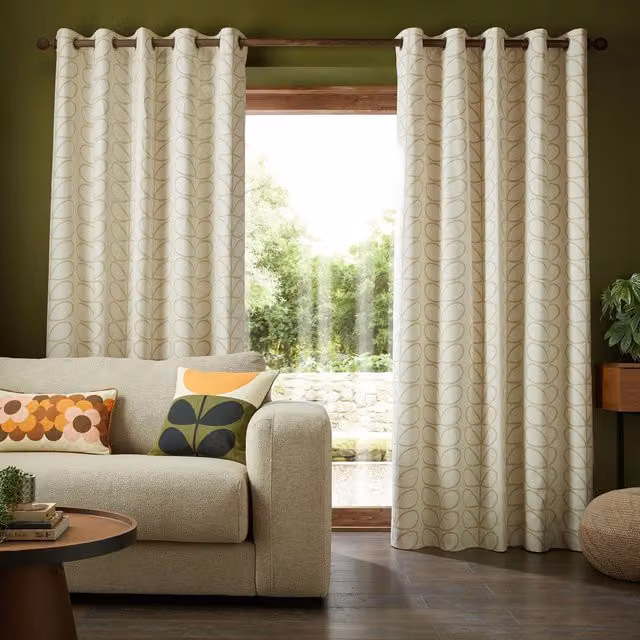Orla Kiely Linear Stem Eyelet Curtains in Natural Beige Cotton