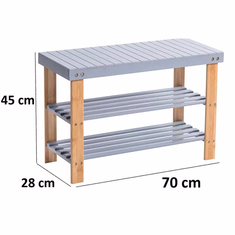 SPETLEK 3 Tier Bamboo Shoe Rack Bench Hallway Storage Organiser in Grey, W/D/H: 70 x 28 x 45 cm – 2