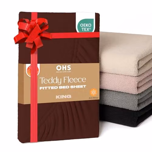 OHS Teddy Fleece Thermal Fitted King Size Bed Sheet in Brown, 180 x 200 cm – 1