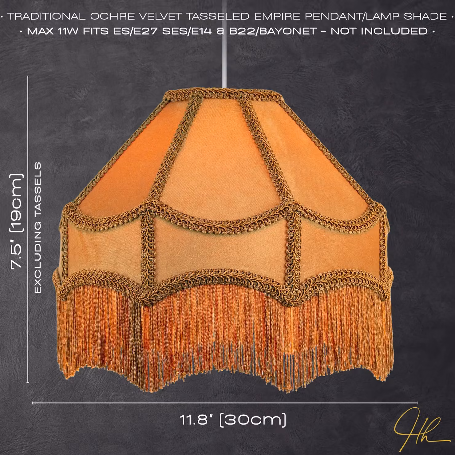 Happy Homewares Traditional Victorian Empire Soft Velvet Lamp Shade with Tassels in Mustard Yellow, Diameter: 30.48 cm – 4