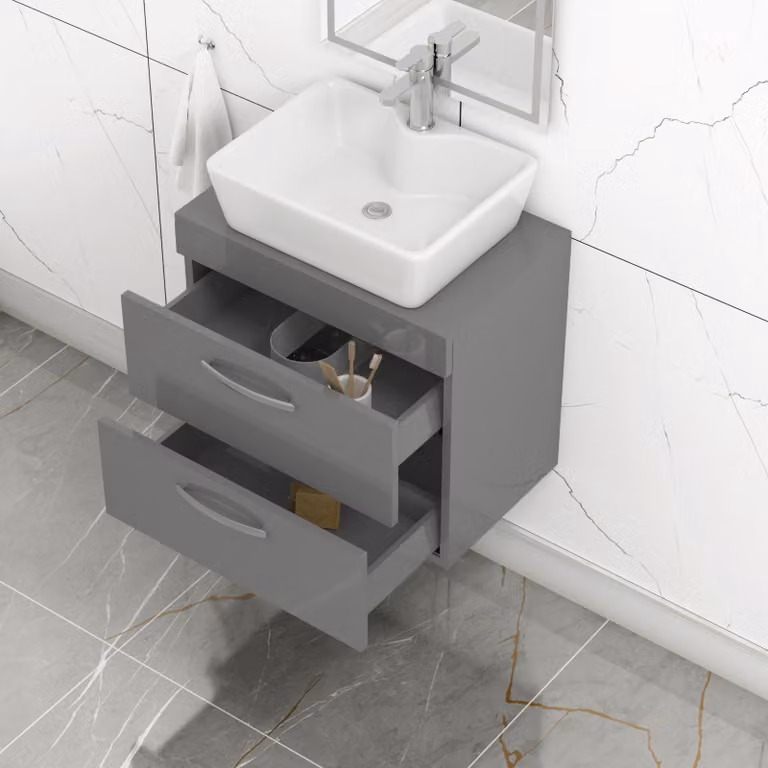 Royal Bathrooms Grey Gloss Wall Hung Vanity Unit with 2 Drawers and Cube Countertop Basin, Width: 60 cm