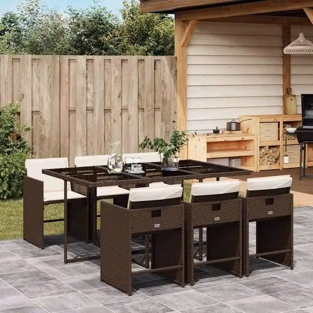 Berkfield Home Modern Polyrattan Garden Dining Set with Glass Tabletop in Brown, White and Black – 1