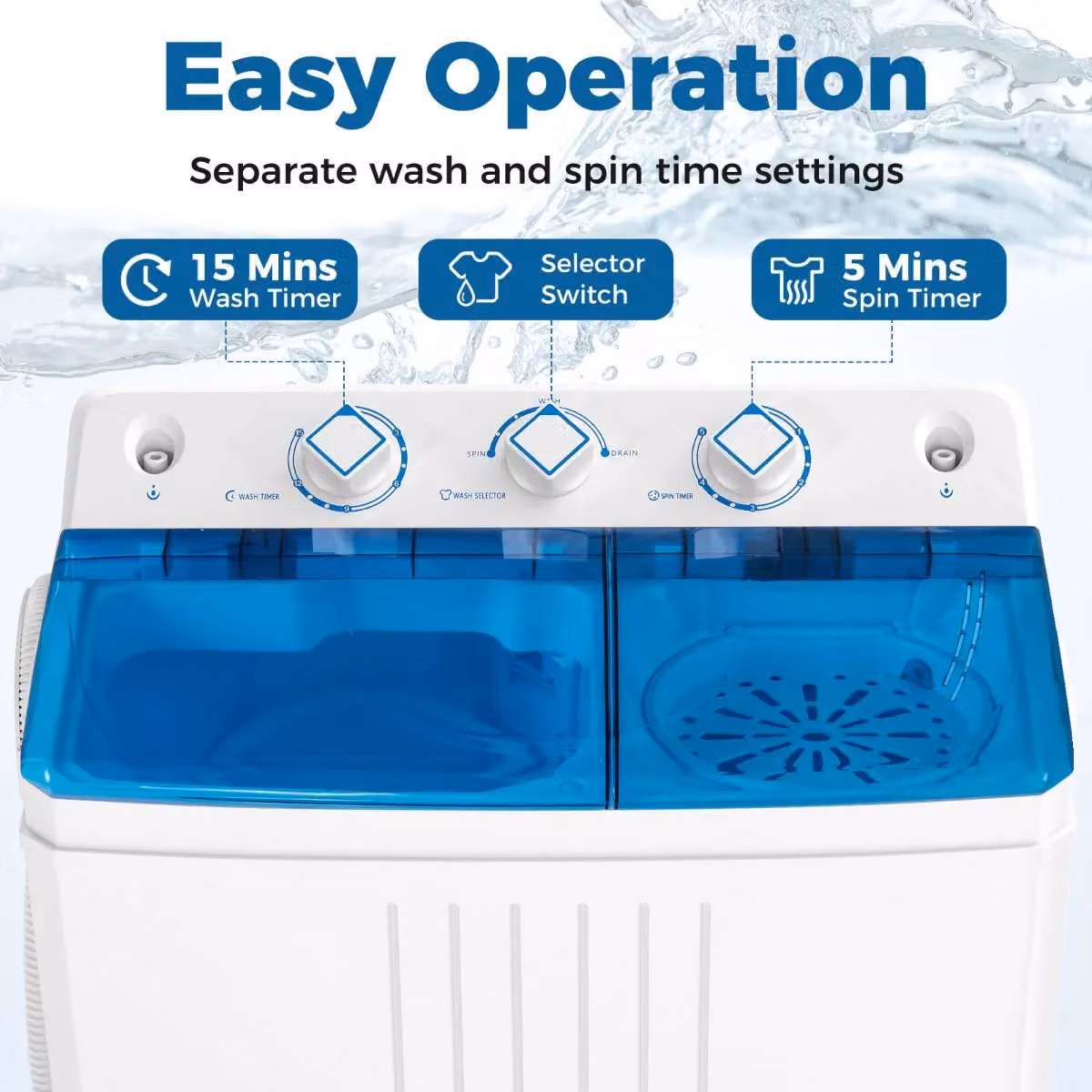Costway Portable Twin Tub Washing Machine, 8kg Capacity, White and Multicolour Top Loader – 6