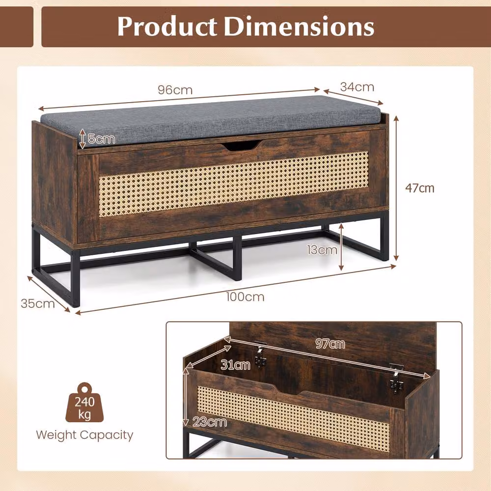 Costway Rattan Storage Chest and Wicker Shoe Bench with Padded Seat and Flip-Top in Brown – 3