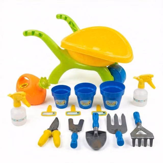 The Magic Toy Shop 14 Piece Kids Garden Wheelbarrow Play Set in Yellow and Multicolour