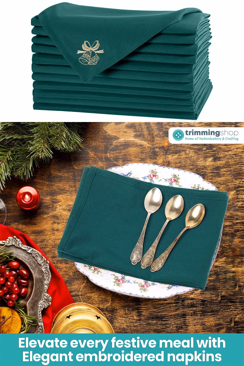 Neel Blue Christmas Table Napkins with Jingle Bell Embroidery, Blue, Green and Gold, 10 Pack – 5