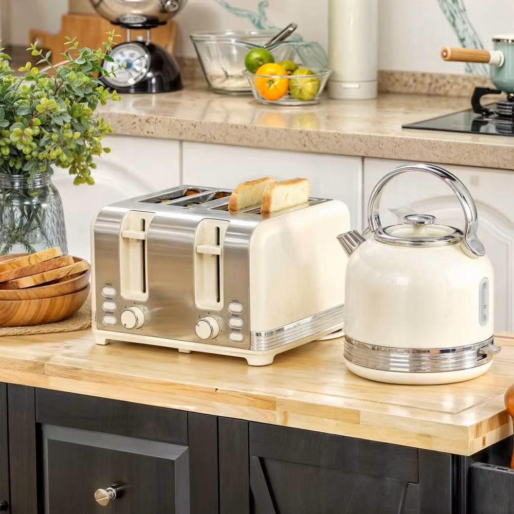 HOMCOM Electric Kettle 1.7L and 4 Slice Toaster Set in Off-White/Beige – 2