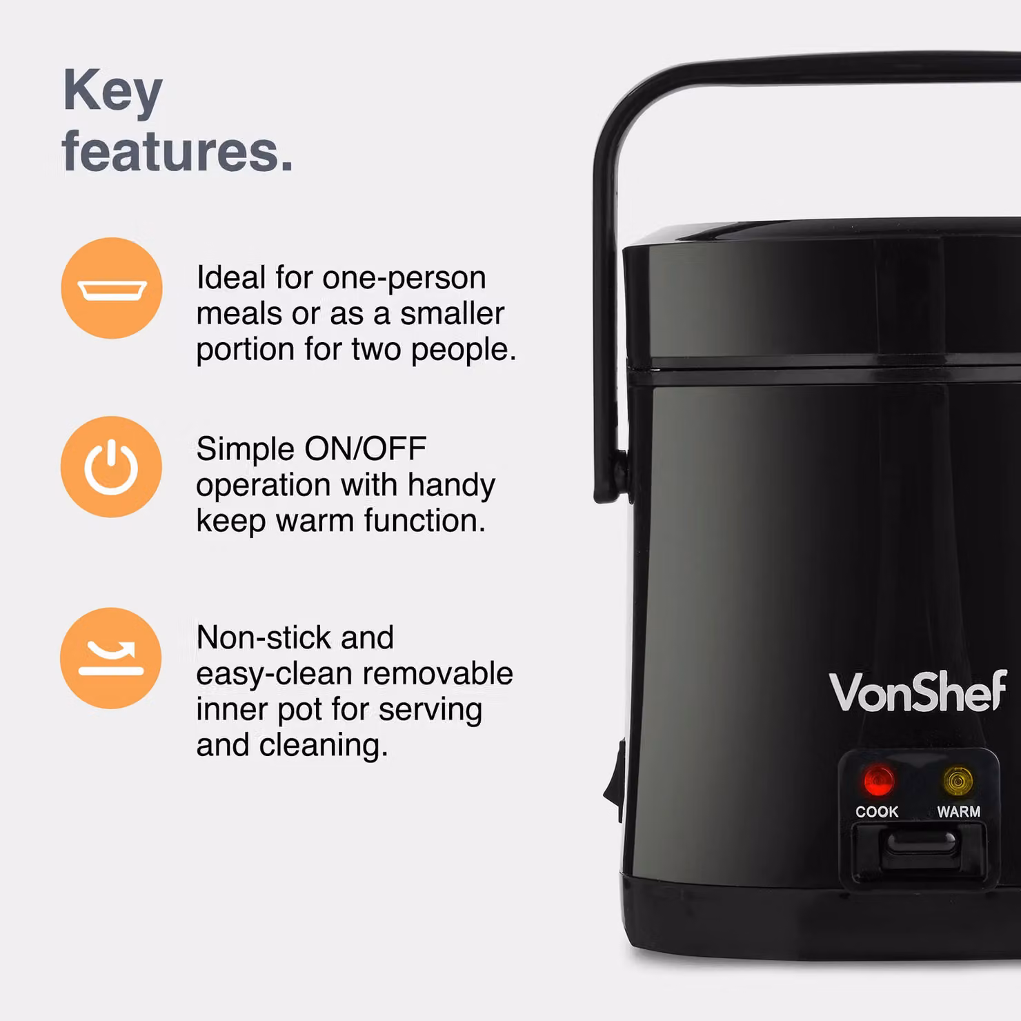 VonShef Mini Electric Rice Cooker in Black, 0.3 l with Keep Warm Function – 10