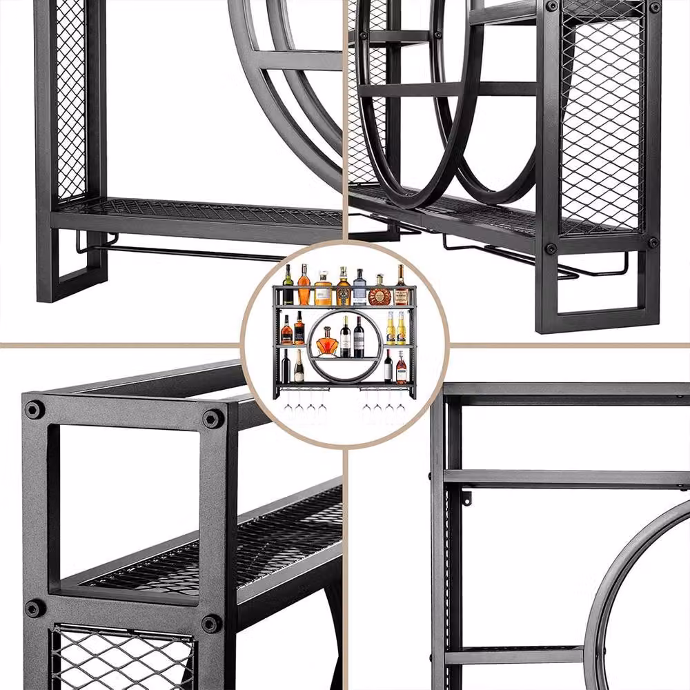 FORGEVIO S-Industrial Wall Mounted Wine Rack Cabinet with Glass Holder in Matt Black Metal – 5