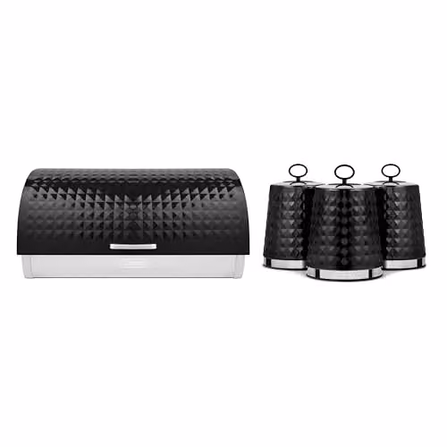 Tower Solitaire Roll Top Bread Bin and Set of 3 Airtight Canisters, Black Stainless Steel, W: 27.5 cm, D: 19.0 cm, H: 39.0 cm