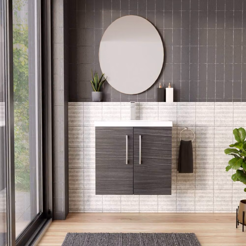 Balterley Contemporary Wall Hung Bathroom Vanity Unit with Mid-Edge Ceramic Basin, Anthracite Woodgrain Grey, W: 60 cm, D: 39 cm, H: 57.9 cm – 2
