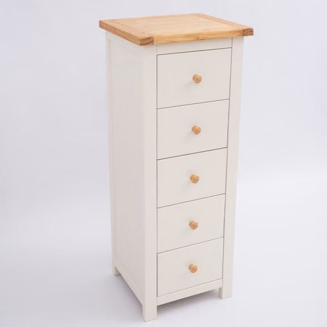 Cabinet Bits Maggiori 5 Drawer Narrow Chest of Drawers in Off-White Pine with Wood Knobs