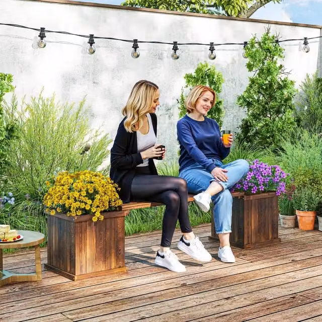 OUTSUNNY Wooden Garden Planter and Bench Combination Raised Bed in Brown – 1