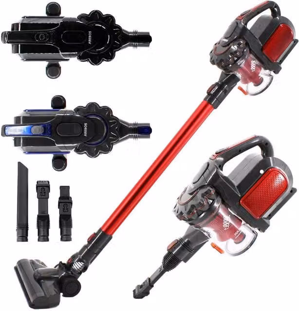 AREBOS 2-in-1 Bagless Hand and Floor Vacuum Cleaner with LED Headlight, Red