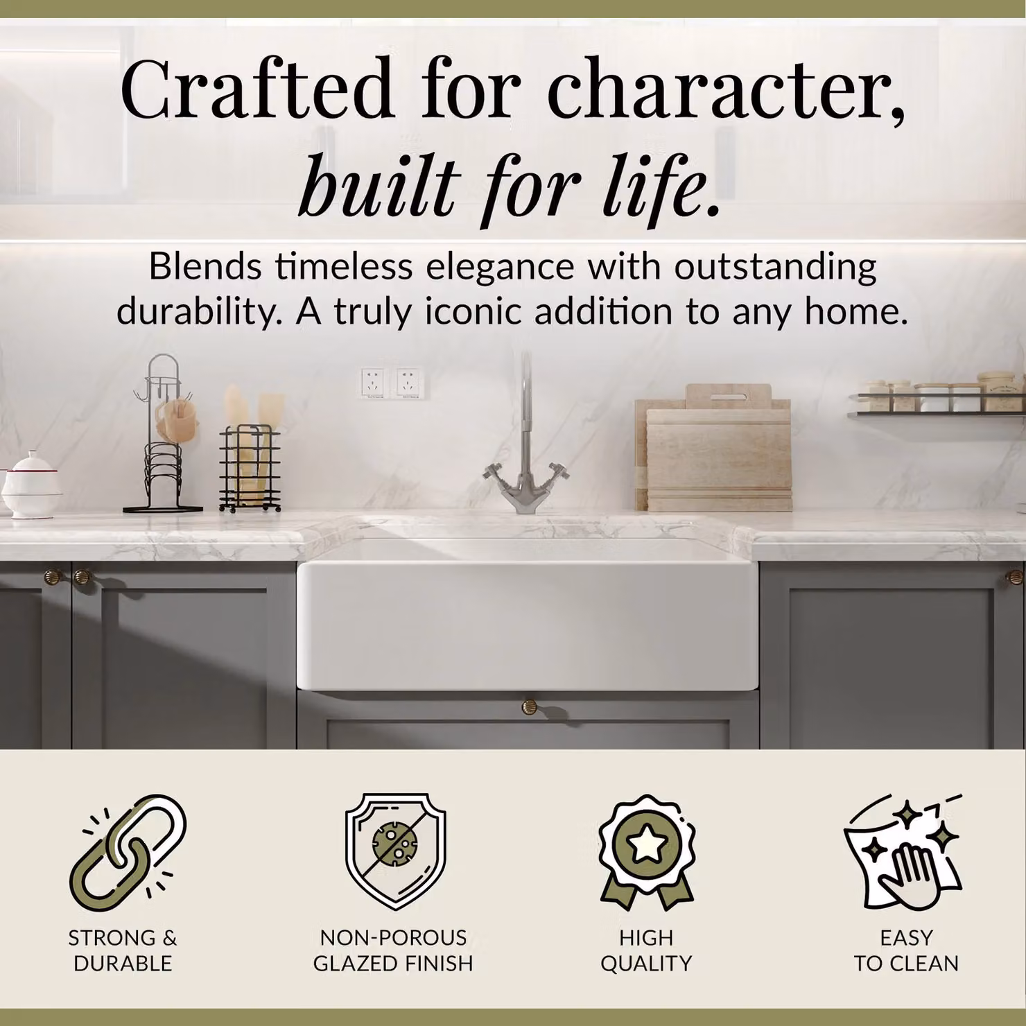 Balterley White Ceramic Fireclay Single Bowl Butler Kitchen Sink, W: 79.5 cm – 2