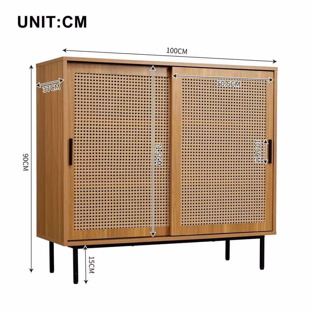 KORVIXA Rattan Sideboard with Sliding Barn Doors in Walnut and Black, W/D/H: 100 x 100 x 100 cm – 2
