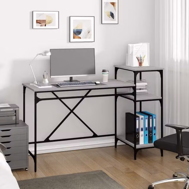 Berkfield Home Computer Desk with Shelves in Grey Sonoma, W/D/H: 135 x 50 x 90 cm – 1