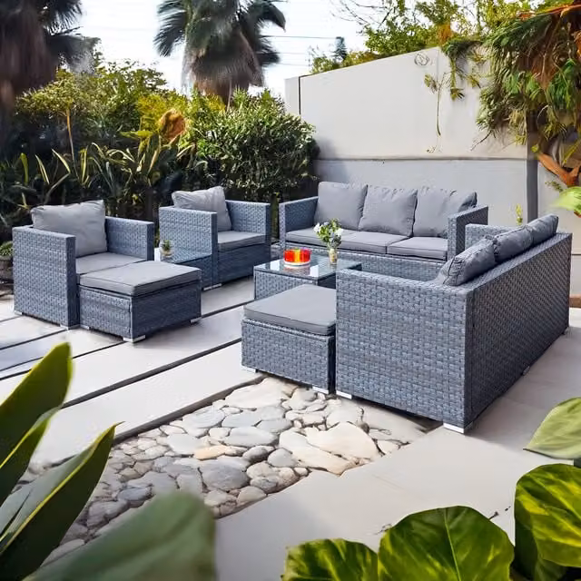 Oseasons Acorn Deluxe Modern Rattan 10 Seat Modular Sofa Set in Ocean Grey