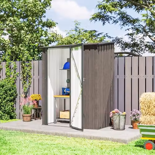 Outsunny Grey Galvanised Steel Garden Storage Shed with Lockable Single Door and Pent Roof – 5