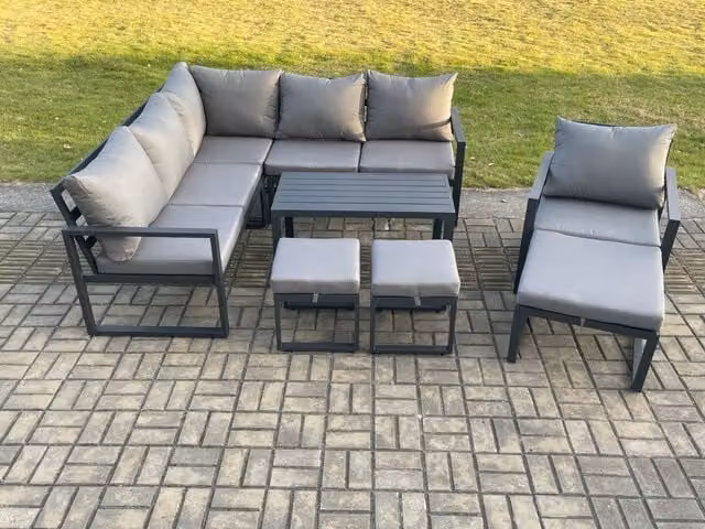 Fimous Dark Grey Aluminium Outdoor Garden Furniture Set with L-Shape Sofa, Coffee Table and Footstools