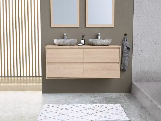 Milipam Scandinavian Style Bathroom Furniture with Double Stone Basin in Light Oak, W: 120 cm, D: 45 cm, H: 50 cm
