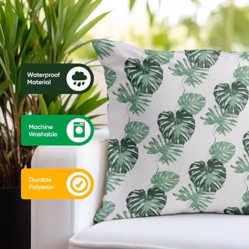 Gardenwize Pack of 2 White Bali Leaf Printed Square Outdoor Scatter Cushions – 8