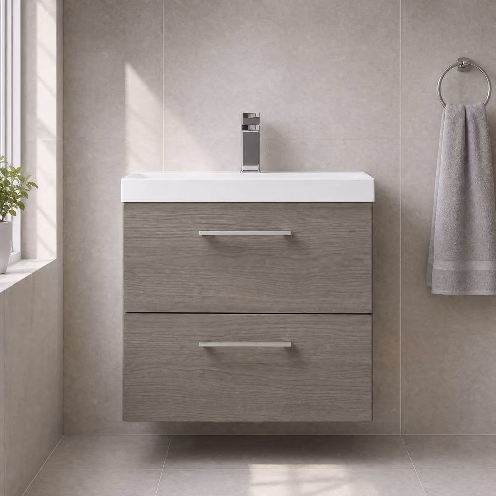 Balterley Solace Oak Wall Mounted Bathroom Vanity Unit with 2 Soft Close Drawers, Brown, Width: 60 cm – 2