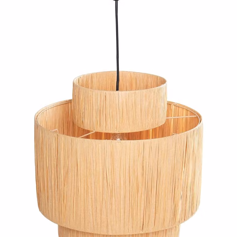Wyld and Coco Three-Tier Natural Raffia and Rattan Pendant Lamp in Beige and Brown