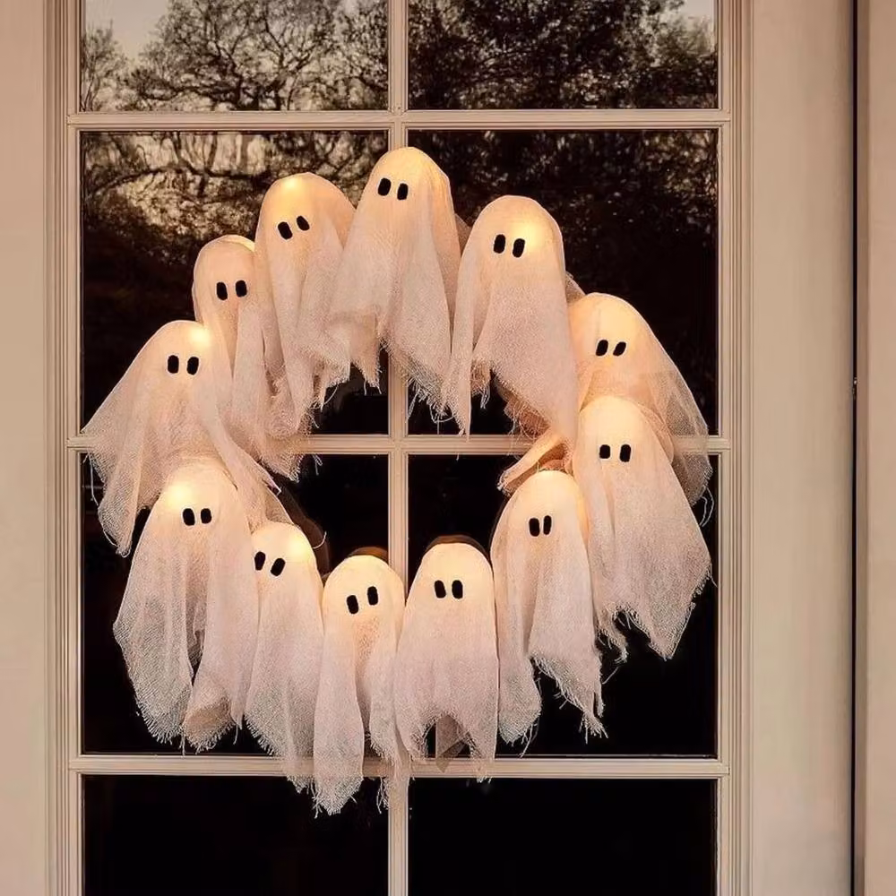 SPETLEK White LED Light Up Ghost Wreath Halloween Hanging Decoration, Diameter: 35 cm – 2