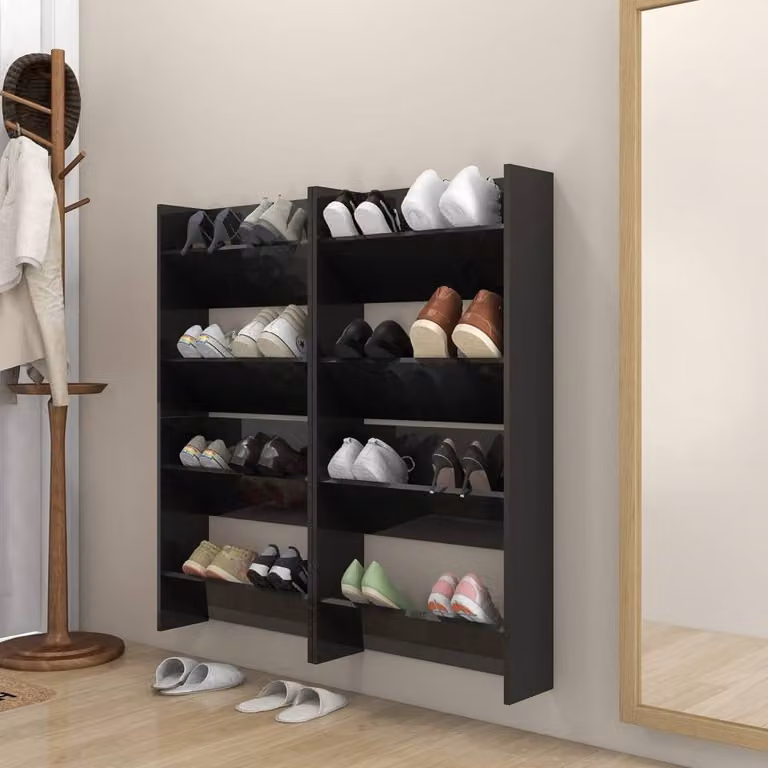 Berkfield Home Set of 4 High Gloss Black Wall Mounted Shoe Cabinets, W: 60 cm, D: 18 cm, H: 60 cm