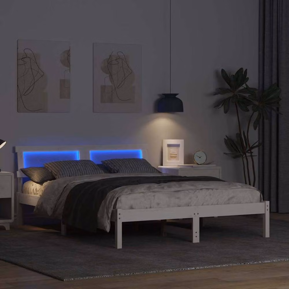 Berkfield Home Modern Pine Wood Bed with Headboard and LED Strip Lights, White, W: 120 cm, L: 190 cm – 3