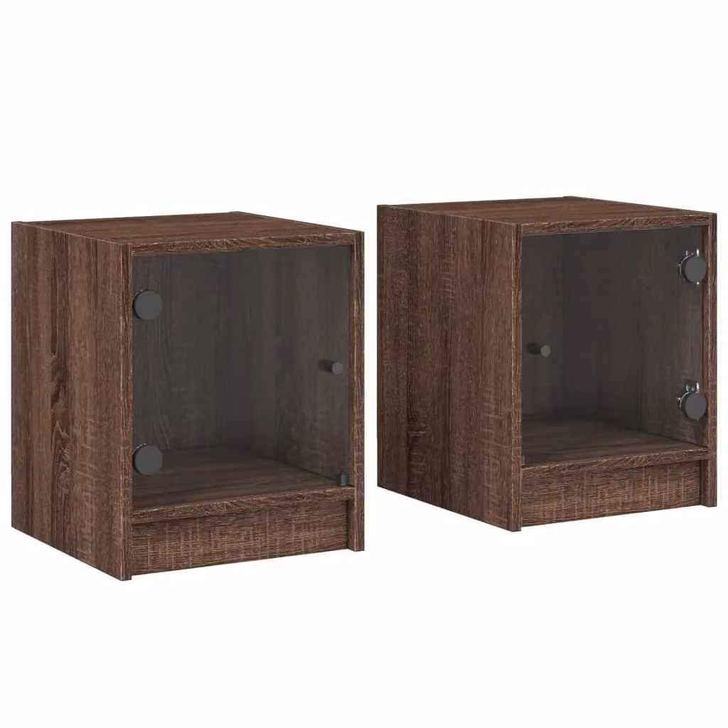 Berkfield Home Bedside Cabinets with Glass Doors, 2 Pack, Brown Oak, W/D/H: 35 x 37 x 42 cm – 2