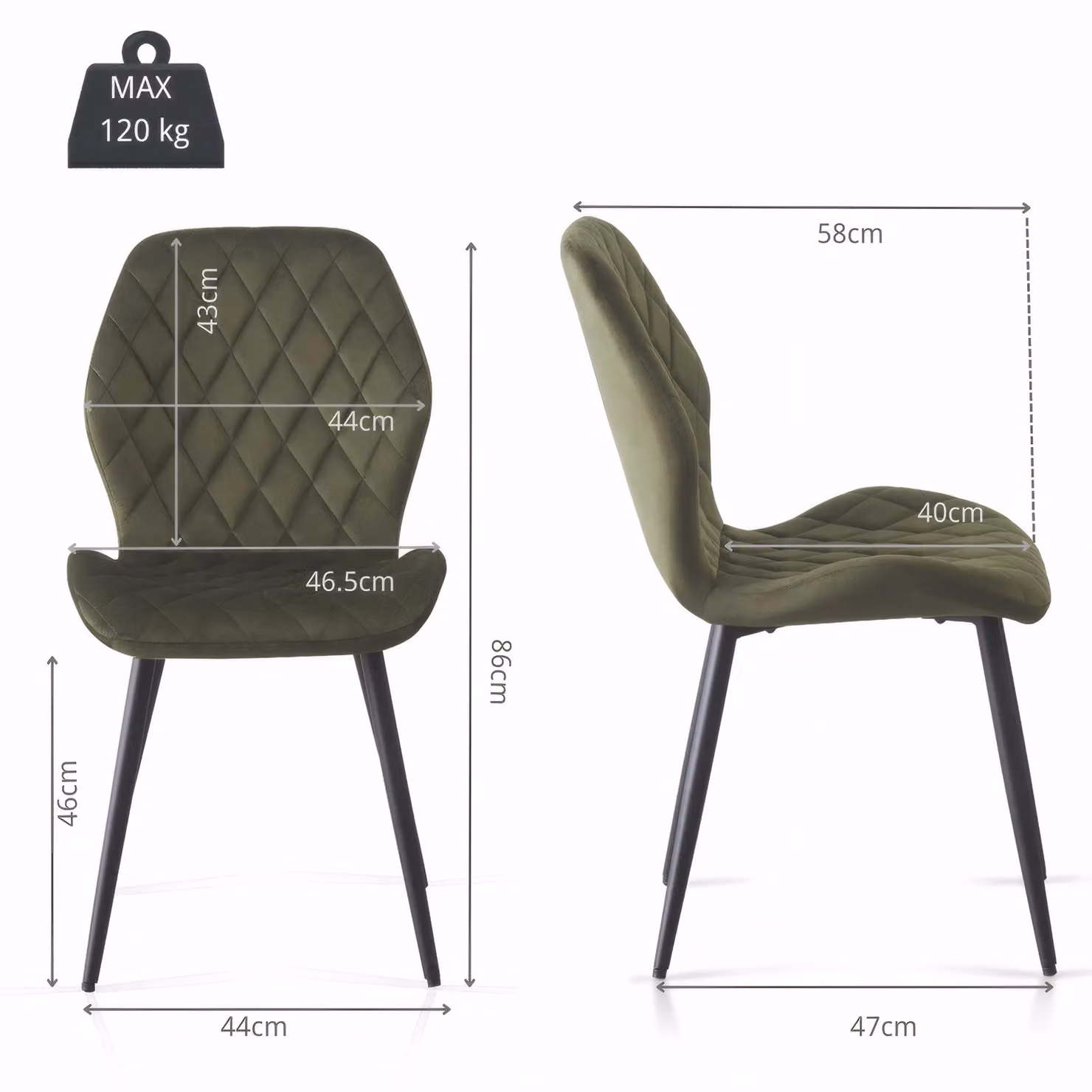 SONARA Modern Velvet Dining Chairs Set of 2 with Ergonomic Curved Backrest in Green and Black – 3