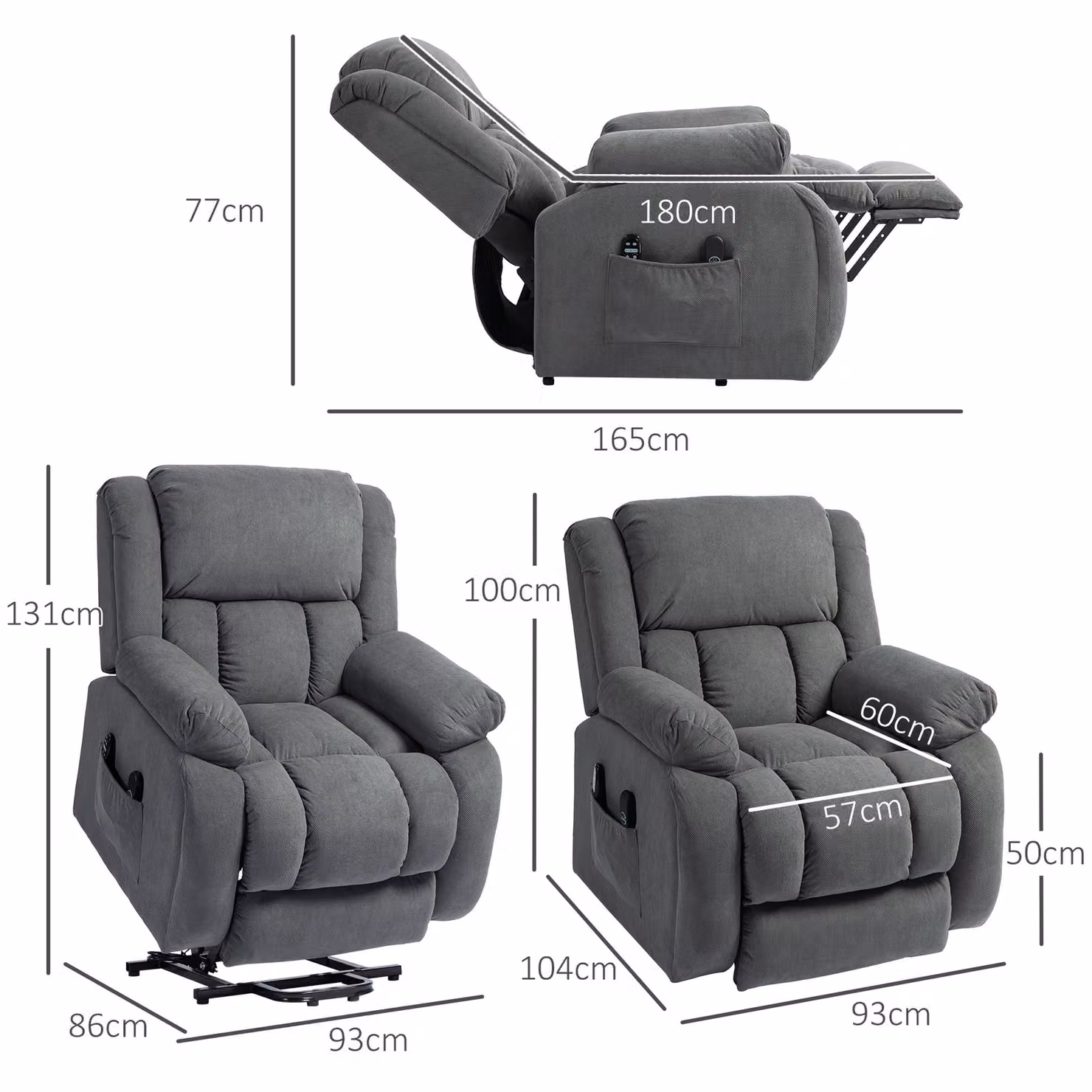 HOMCOM Electric Recliner Lift Chair with Vibration Massage, Heat, USB Port and Wide Seat in Grey Velvet Fabric – 3