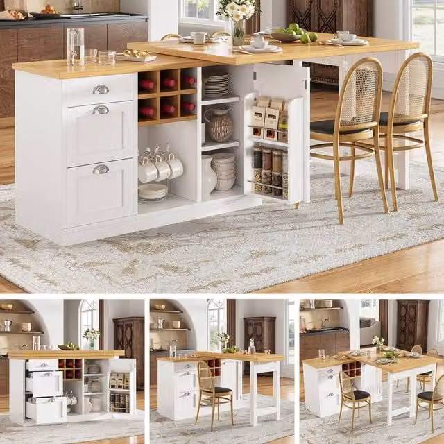BTM Extendable Sideboard Dining Table with Wine Rack and Storage Drawers in White – 1