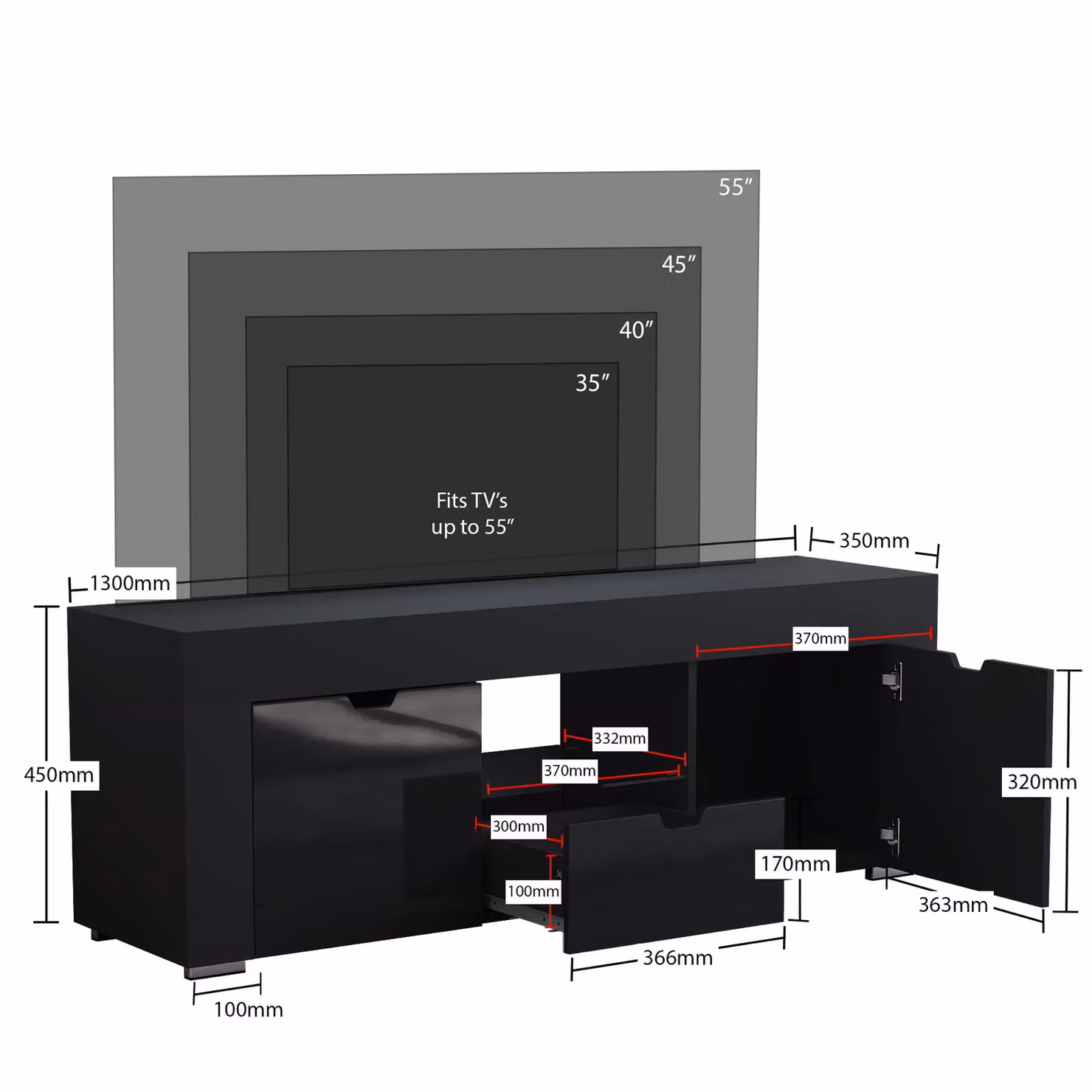 Vida Designs Eclipse Modern Black Glossy TV Unit with 2 Doors, 1 Drawer and Integrated LED Lighting – 2