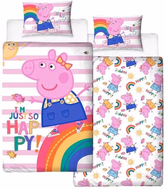 Peppa Pig I'm Just So Happy Reversible Duvet Set and Pillowcase, Multicolour, Single, W: 90 cm, L: 200 cm