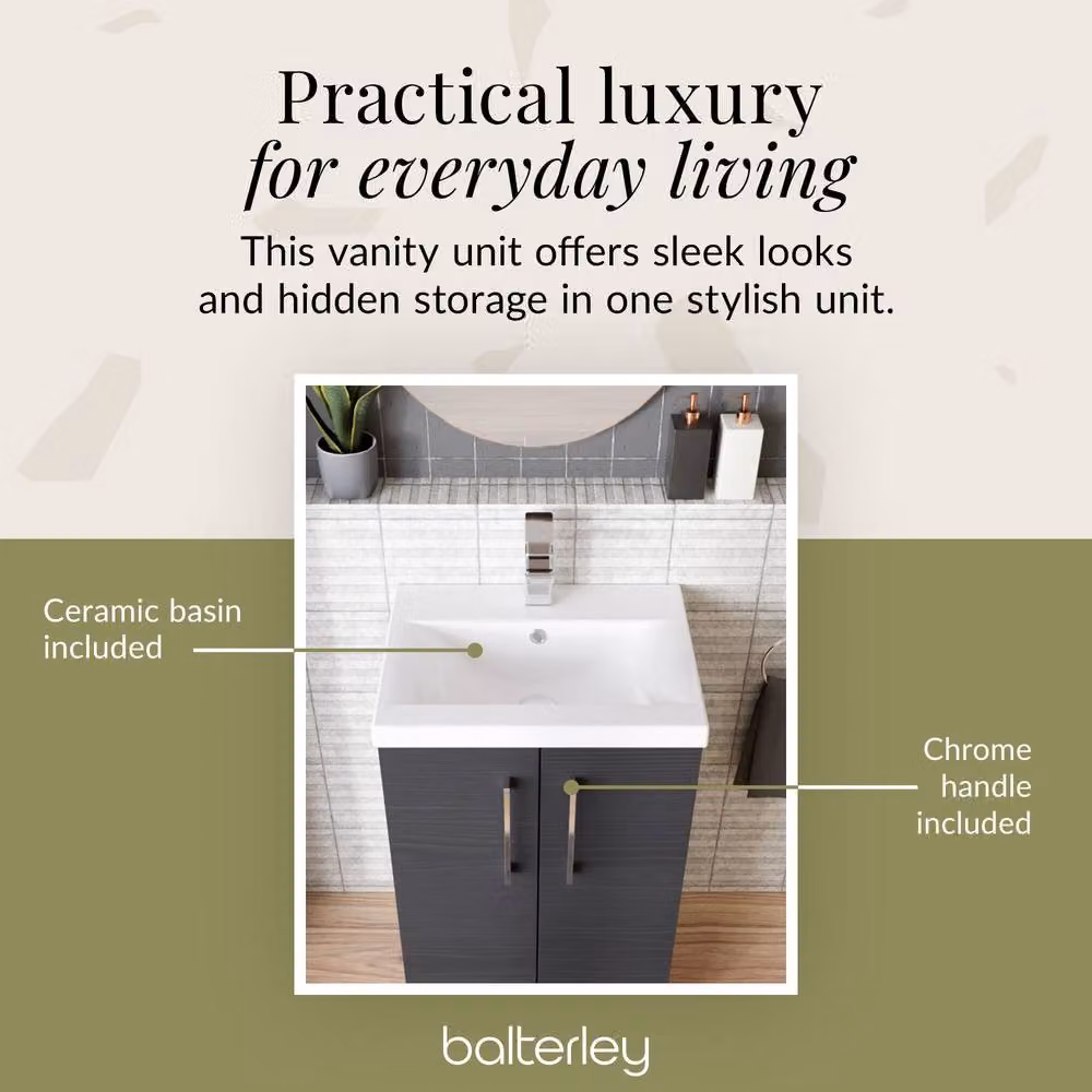 Balterley Contemporary Floor Standing Bathroom Vanity Unit with Mid-Edge Ceramic Basin, Charcoal Black, W: 61 cm, D: 39 cm, H: 84 cm – 3