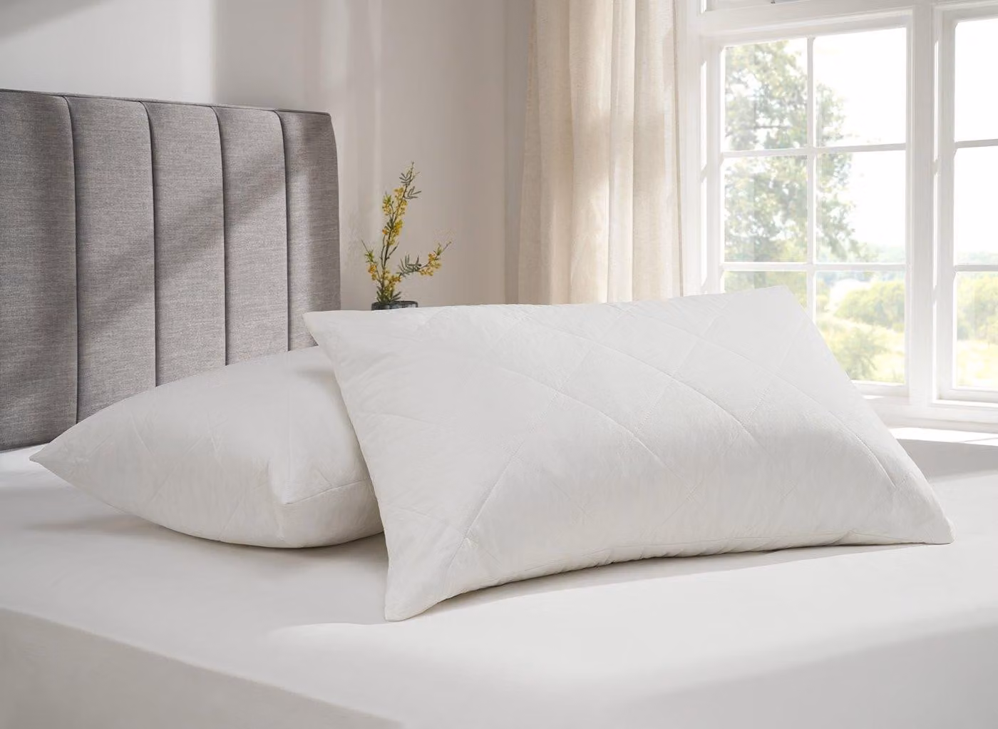 Flaxby White Quilted Pure Cotton Pillow Protector Pair, Breathable and Antibacterial