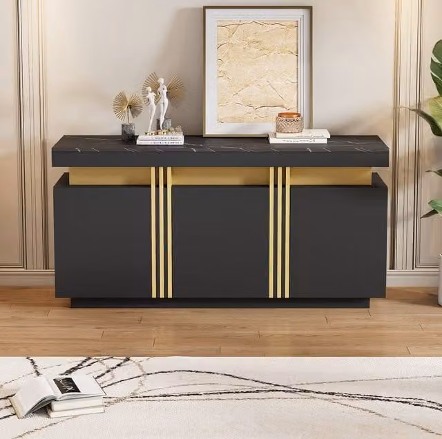 STILVORA Modern Black and Gold Sideboard with 3 Doors and Adjustable Shelves – 1
