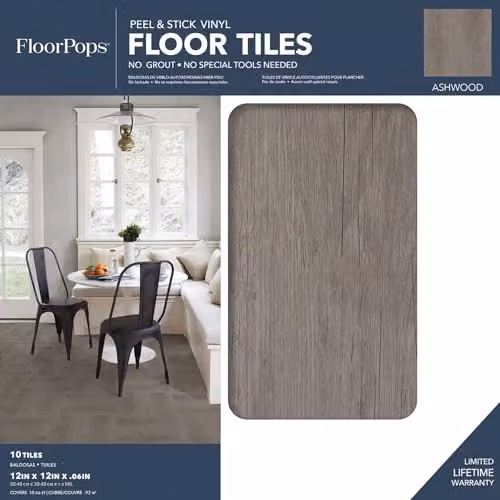 FloorPops FP3320 Ashwood Peel & Stick Floor Tiles, Grey, Wood Look, W/D/H: 30.48 x 30.48 x 0.15 cm – 2