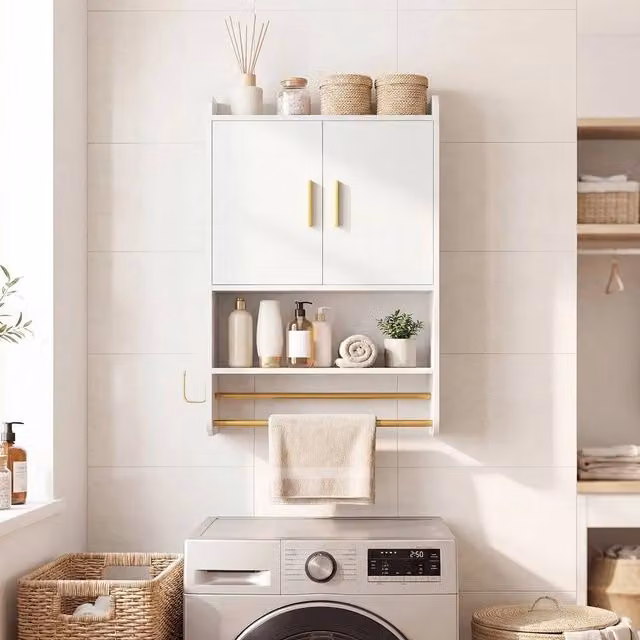 FORGEVIO White Wall Mounted Medicine Cabinet with Hinged Doors, Internal Shelves and Towel Bars – 1