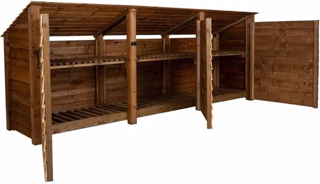 Arbor Garden Solutions Triple Bay Wooden Log Store with Reverse Roof, Doors and Shelving, Brown, Width: 126 cm