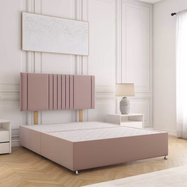 BSSPOKE Monaco Plush Velvet Divan Bed with 24 inch Headboard in Pink, Super King, W/D/H: 200 x 200 cm
